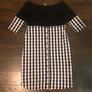 Color block, black and white gingham dress